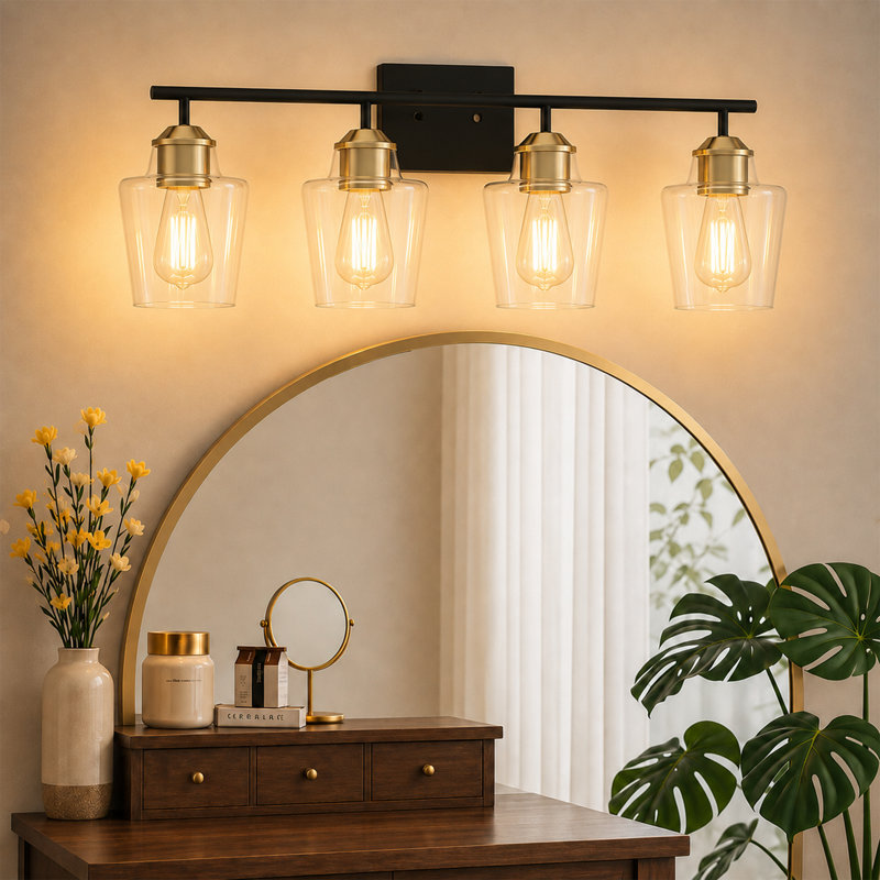 Miroir de salle de bain 30,5 po à 4 lumières câblées avec miroir pour salle de bain style moderne noir et laiton clair