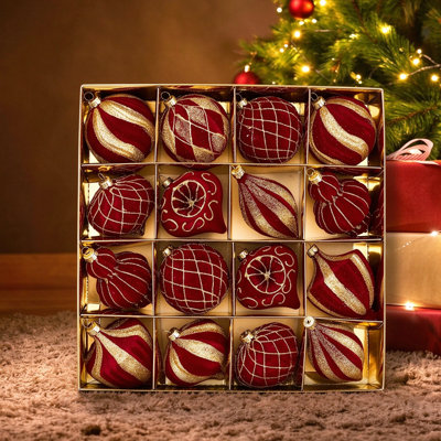 16Pcs Burgundy Velvet Christmas Ornaments Set | Gold Glitter Flocked Shatterproof Baubles | Luxury Holiday Decor for Xmas Tree, Mantel & Party