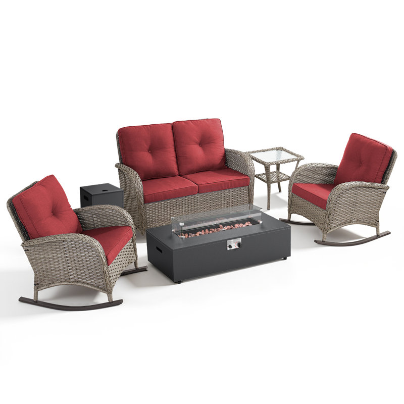 Ensemble de conversation pour causeuse en osier 5 pièces avec chaises berçantes et foyer d'extérieur Esquer, Gris, Rouge