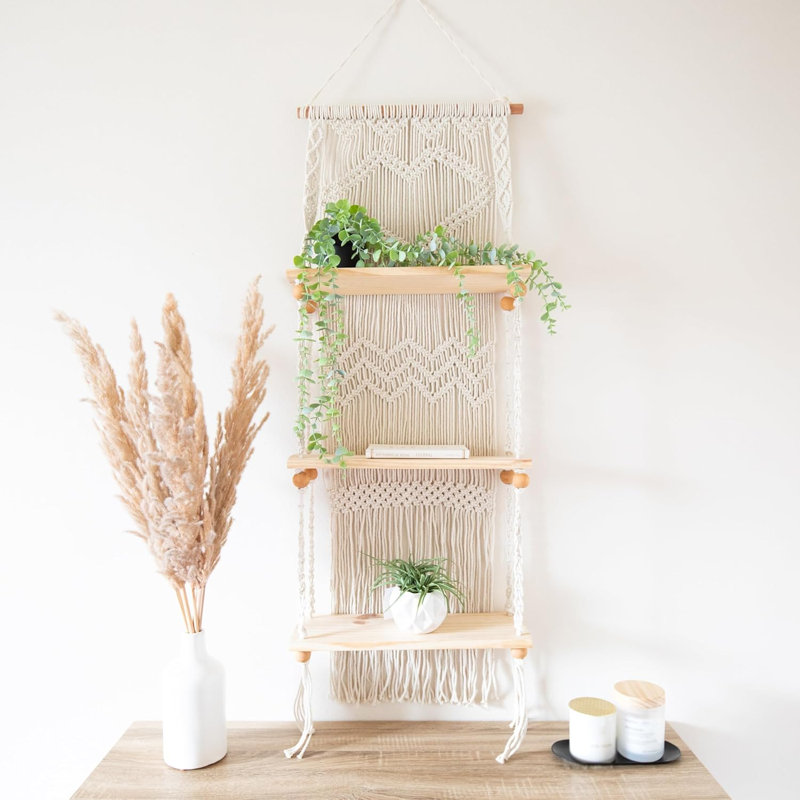 Macrame Wall Hanging Shelf - 3 Tier Wall Plant Hanger Shelves With Handmade Woven Rope - Boho Shelves Organizer For Kitchen, Bathroom, Home Storage, Floating Plant Shelf (Pine Wood)