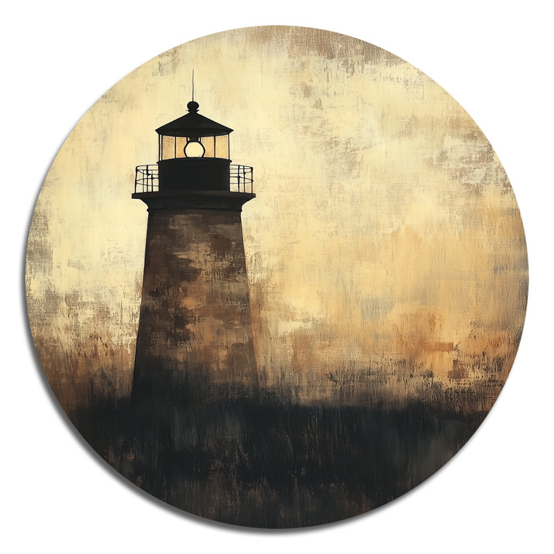 Phare du Crépuscule Doré V - Décoration murale ronde en métal sur le thème nautique, H 23 po x l 23 po