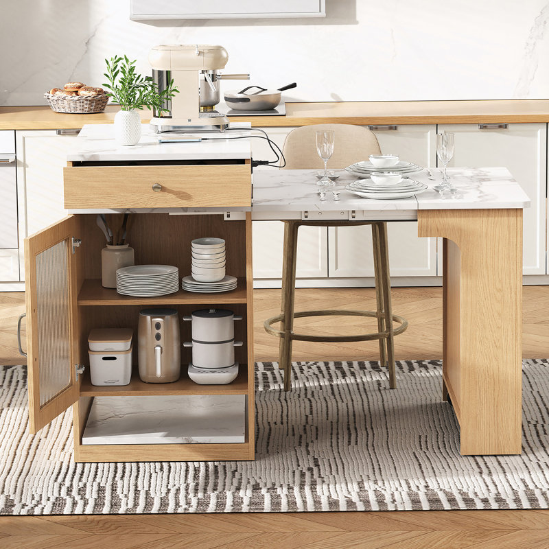 Îlot de cuisine 59,5 po avec table de salle à manger extensible, table de rangement de cuisine avec rangement double-face, îlot de cuisine avec 2 tiroirs, prise de courant, tablettes latérales ouvertes, pour la cuisine, la salle à manger, naturel