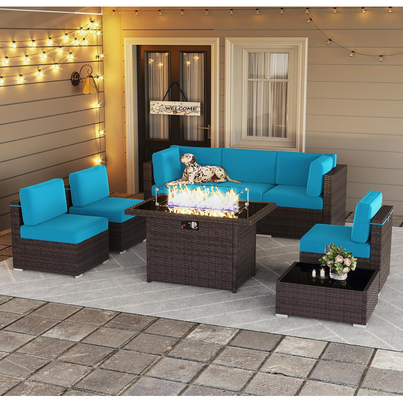  Ensemble de meubles de patio 8 pièces avec foyer d'extérieur au gaz propane de 44 po, ensemble de conversation modulaire en rotin avec table basse