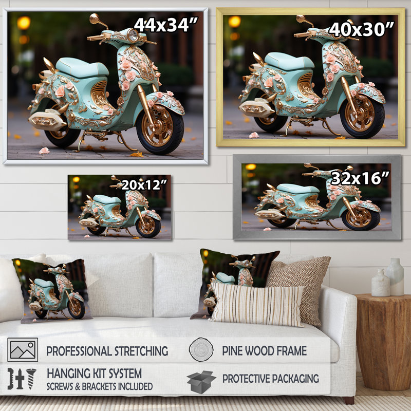 Turquoise, or, scooter personnalisé, croiseur III, impression sur toile, Cadre simple noir, H 34 po x l 44 po x P 1,5 po