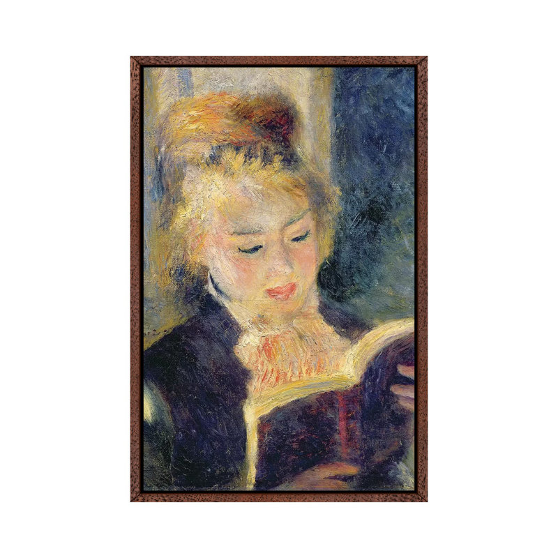 Girl Reading, 1874 by Pierre-Auguste Renoir - Painting on Canvas, 66.04cm H x 45.72cm W x 3.81cm D, Classic Brown Wood Framed