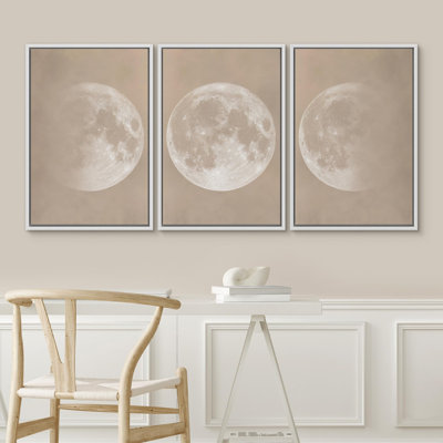 " Beige And Gray Toned Full Moon - Minimalist Lunar Modern Artwork - Neutral Master Bedroom Wall Decorations" 3 Pieces on Canvas Print Framed Wall Art