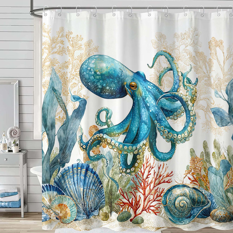 Ensemble de rideau de bain en tissu imperméable avec crochets 72 po x 72 po Funny Ocean Octopus, Pieuvre bleue