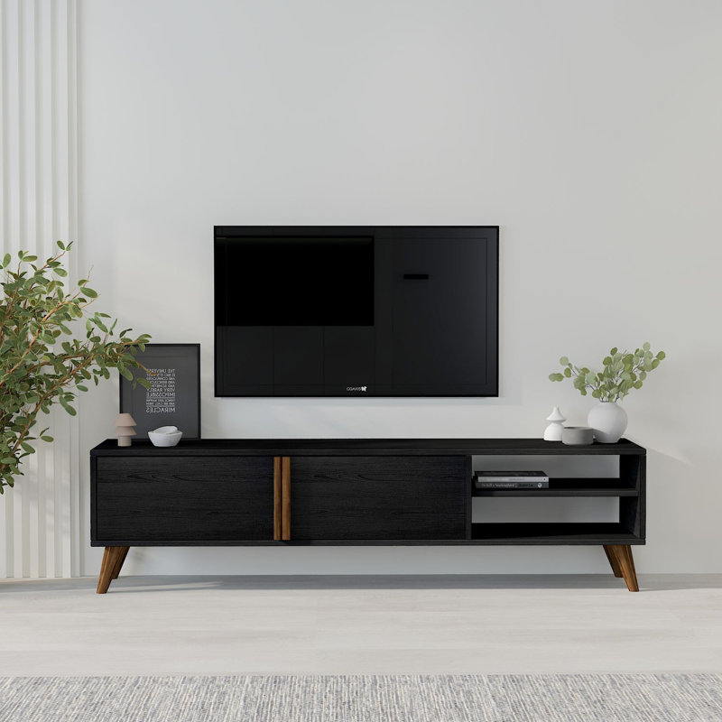 Modern TV Stand in Black, 63.0 x 13.8 x 27.6 inches | 100% Melamine Coated Particle Board, Thickness: 0.7 inches | Scandinavian Design, Durable and Stylish for Living Room & Entertainment Spaces, Easy Assembly