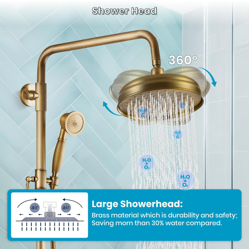 8-Inch Wall-Mounted Rainfall Shower Fixture Set with Handheld Spray, Brass Mixer, and Cross Handles – 2-Function Bathroom Shower System
