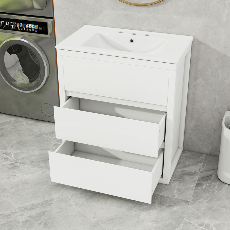 Meuble-lavabo de salle de bain avec lavabo en céramique et 2 tiroirs, Blanc