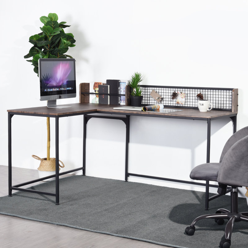 Clerkin L-Shaped Executive Desk, Black, Brown, Steel