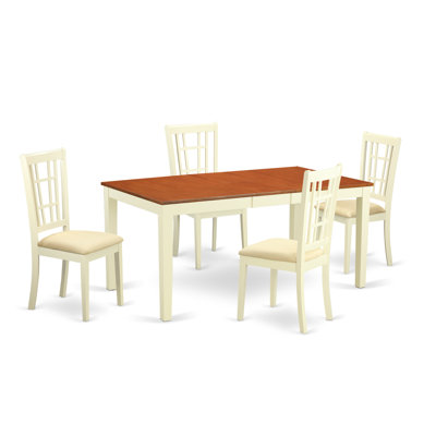 5 Piece Kitchen Table Set for 4 Includes a Rectangle Dining Table with Butterfly Leaf and 4 Linen Fabric Dining Room Chairs, Black & Cherry