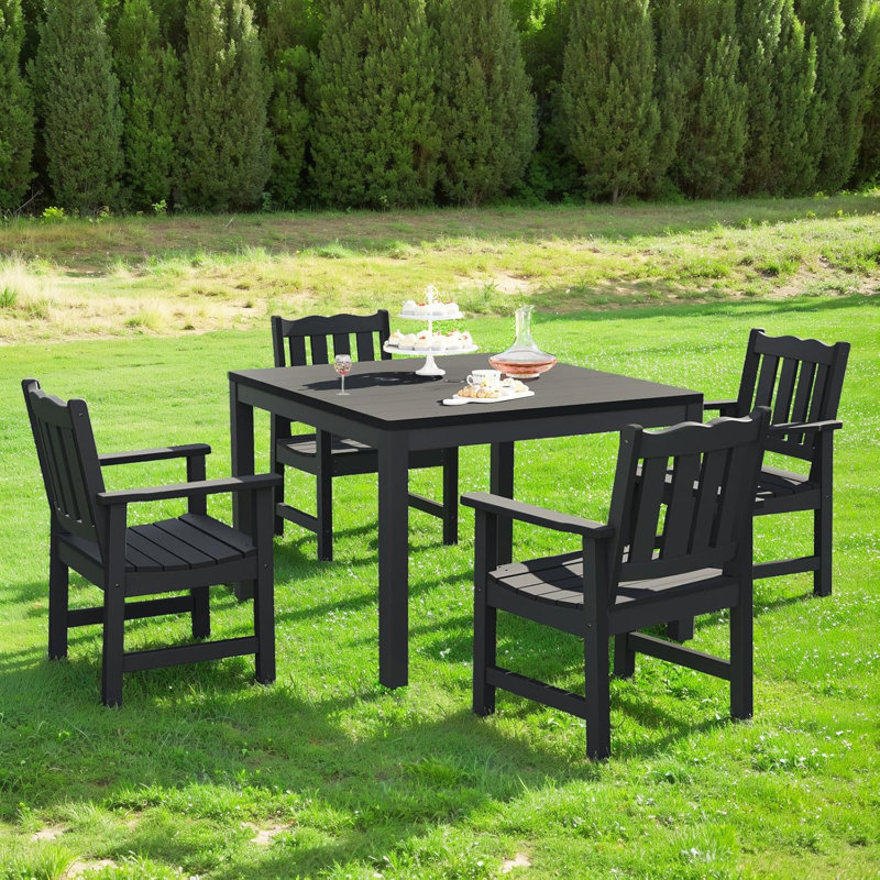 All-weather Patio 4-person Dining Table, Hips & Aluminum Frame Outdoor Dining Table With Umbrella Hole,, Black