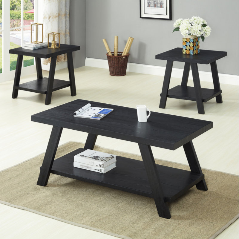 Tevis 3-Piece Wood Coffee Table with Shelf, Black, Black