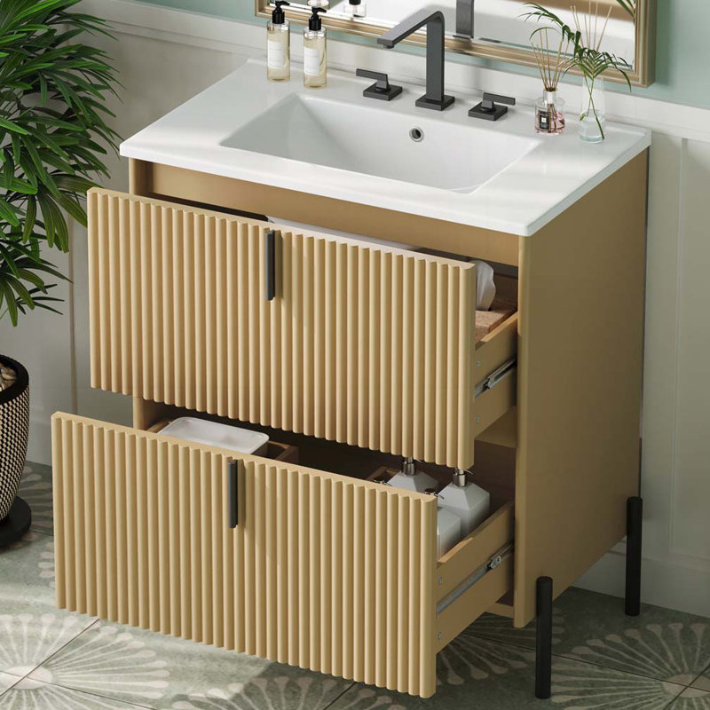 Meuble-lavabo de salle de bain avec lavabo en céramique et tiroirs pleine extension, Naturel