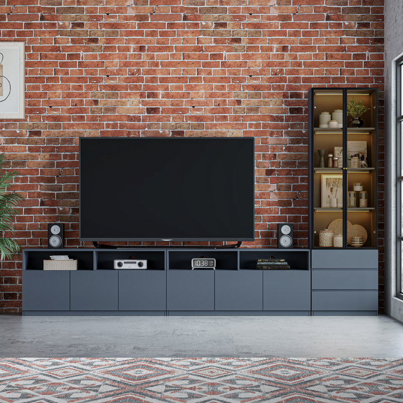 Meuble audio-vidéo gris de 118,1 po avec vitrine pour téléviseur 75/85/90 po Ganta, Grey, 81.1"H x 118.1"L x 15.7"W