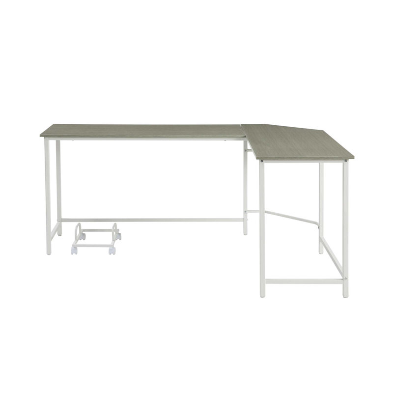 Bureau d'ordinateur en L rectangulaire avec design peu encombrant et support pour tour d'ordinateur portable, gris et blanc