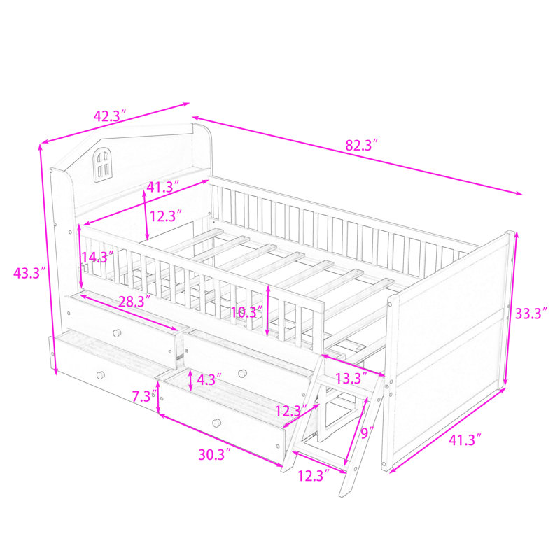 Lit plateforme simple en bois 4 tiroirs avec garde-corps, échelle et tablettes, Gris
