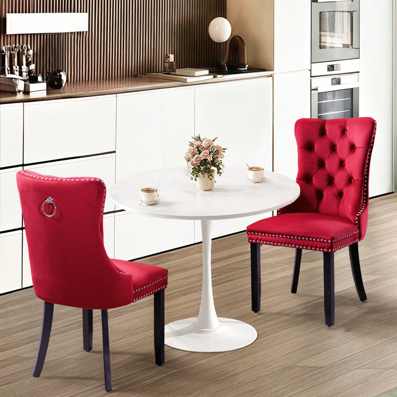 Chaises de salle à manger, chaise de salle à manger rembourrée haut de gamme avec anneau clouté, Velours rouge vin, Doré, 4