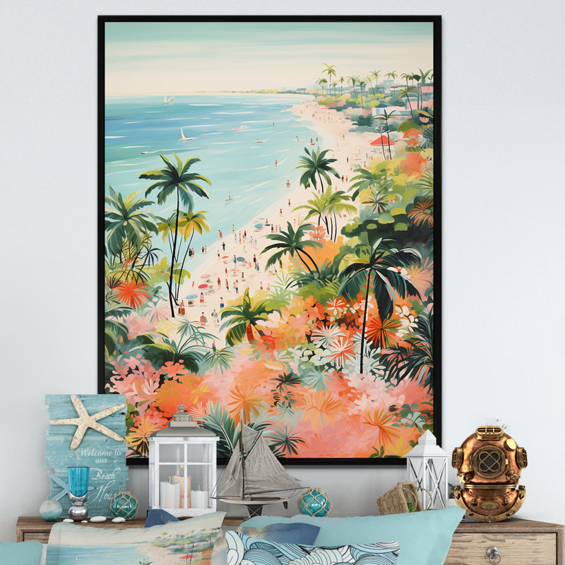 Scène de plage côtière pastel III - art mural de plage côtière pour le salon, Cadre flottant noir, 44" H x 34" W