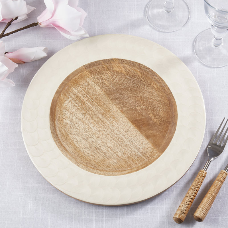 Ensemble de 4 assiettes décoratives ivoire à rebord émaillé grain de bois 13 po, ensemble de 4 