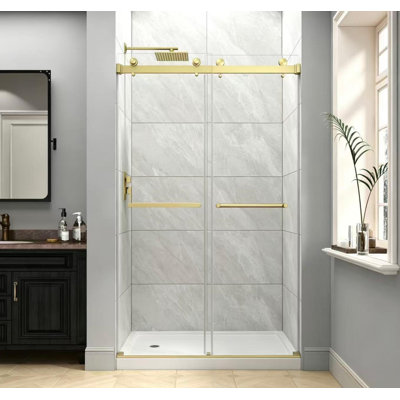 Porte de douche coulissante double à installation double réversible de 55 à 60 po x H 76 po Porte de douche sans cadre facile à installer, verre trempé 5/16 po (8 mm) avec film antidéflagrant Nano
