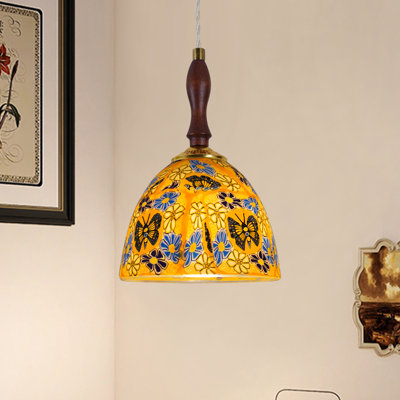 Retro Bohemian Pendant Light with Butterfly & Floral Glass Shade and Walnut Wood Accent – Stylish Accent Light for Modern Farmhouse and Vintage Decor