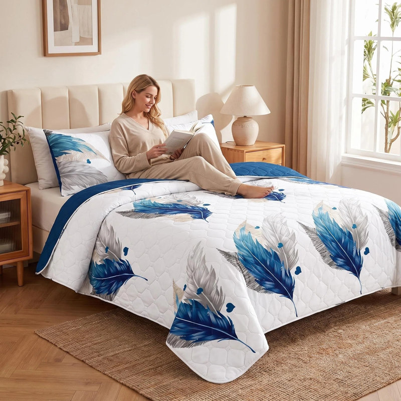 Ensemble de courtepointe réversible en microfibre 3 pièces avec 2 taies décoratives, KING