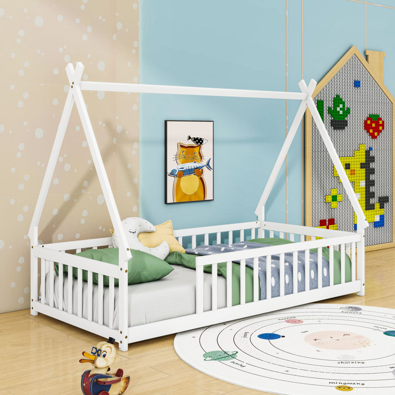 Twin Wooden Tent-Shaped Teepee Floor Bed, White