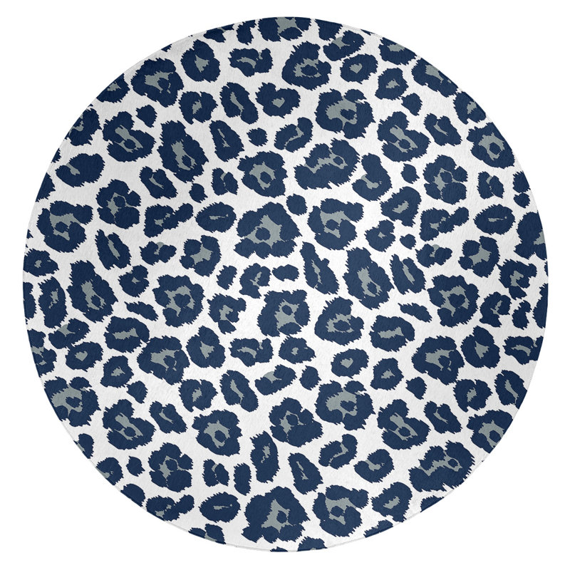 Tapis blanc / bleu marine / gris à imprimé animal, Rond 5 pi