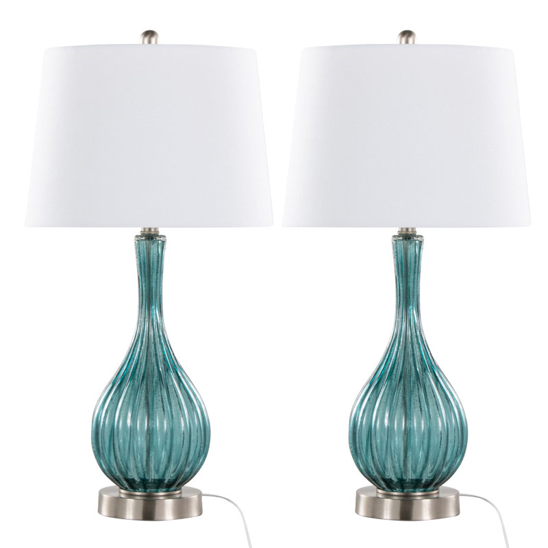 Rami 27" Crackle Glass Table Lamp Set, Blue Glass/Brushed Nickel, 27.25" H x 14" W x 14" D, Off-White