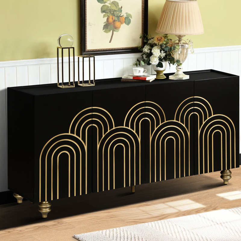 Buffet moderne avec design cannelé - noir pour usage domestique 4 portes, tablettes réglables, matériau de rangement à 4 portes