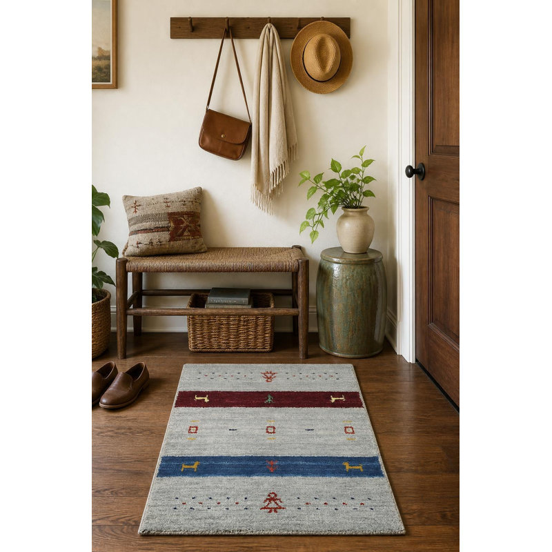 Tapis de vestibule gris en laine fait à la main à motif tribal gris à rayures 2x3 Ft