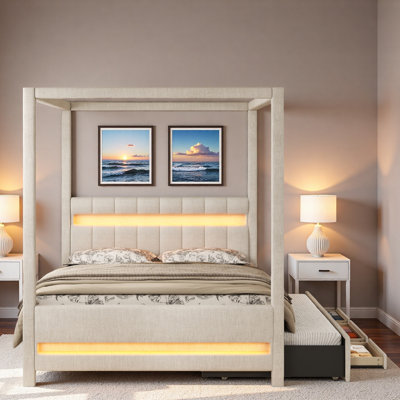 Lit plateforme à baldaquin avec lit gigogne coulissant, 3 tiroirs de rangement, tête de lit tapissier et lumières à DEL