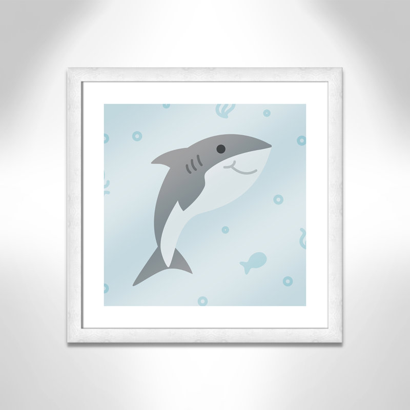 «Happy Shark», impression sur papier, H 8 po x l 8 po x P 0,6 po, Encadré plat à grain de bois blanc