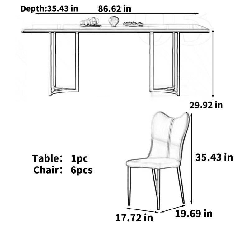 table de salle à manger en pierre frittée de style lumière pâle, H 29,53 po x L 86,62 po x l 35,43 po