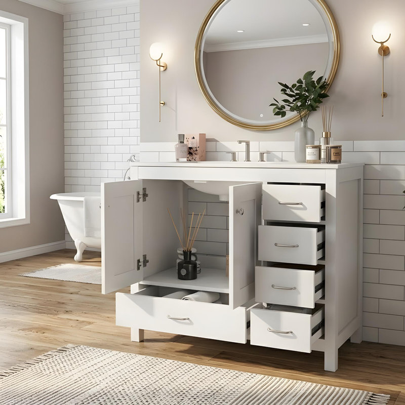 Meuble-lavabo de 36 po avec lavabo en céramique, 2 portes à fermeture douce et 5 tiroirs, Blanc