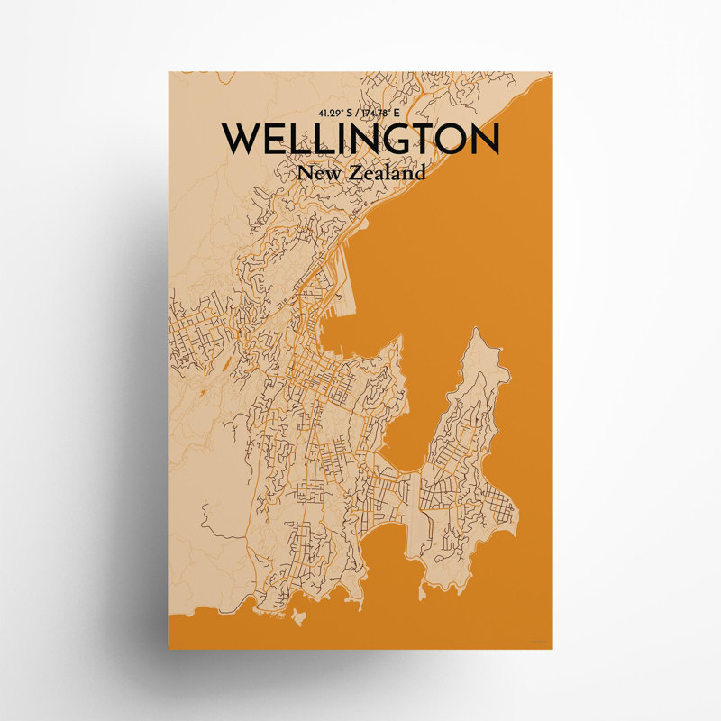 Wellington, carte de la ville, impression, H 36 po x l 24 po, Orange / or pâle