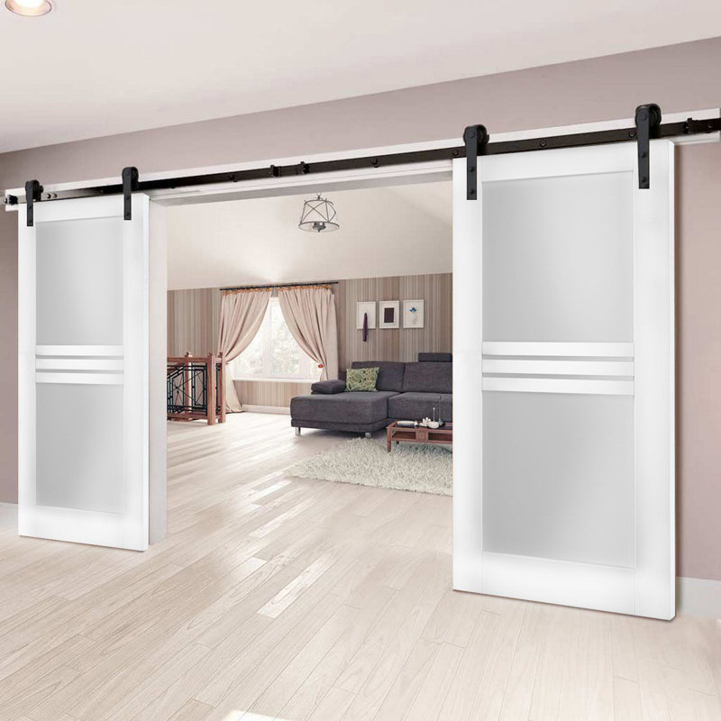 Portes de grange en verre givré blanc Mela avec trousse de quincaillerie d'installation, Noir, 56 po x 84 po
