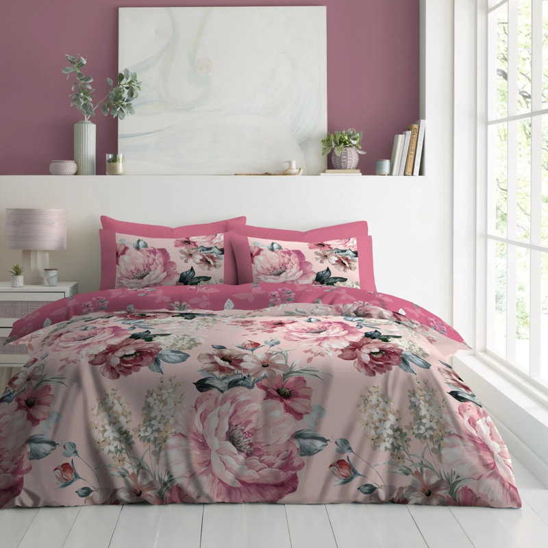 Blossom Pattern Duvet Cover Set with Pillowcases - Polycotton Fabric Bedding - Single Double King Machine Washable, Double