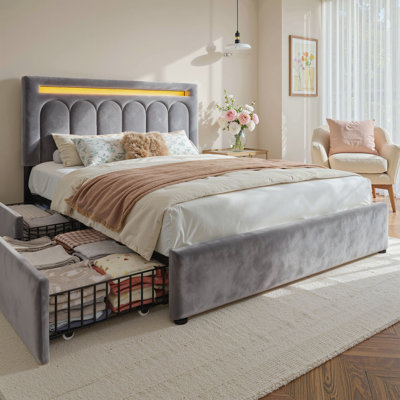 Upholstered Bed Frame With Led Light,storage Bed With 4 Drawers