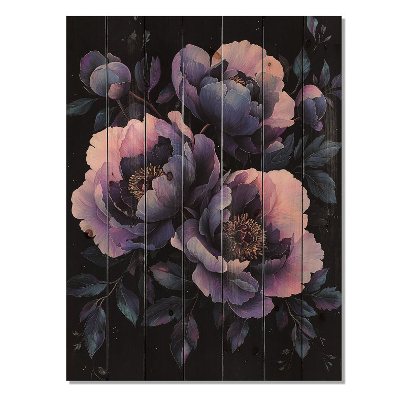 Fleurs de pivoines roses et mauves - décor mural en bois de pivoines - sur bois de pin naturel, H 40 po x l 30 po x P 0,78 po