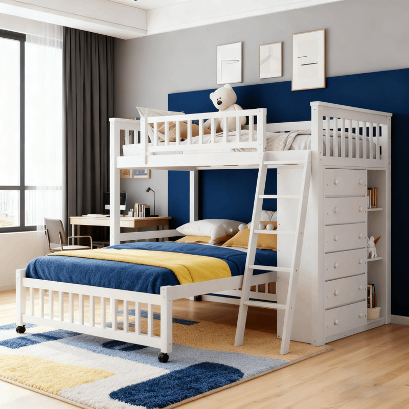 6 Drawers Twin Over Full L-shaped Bunk Bed With Shelves, White