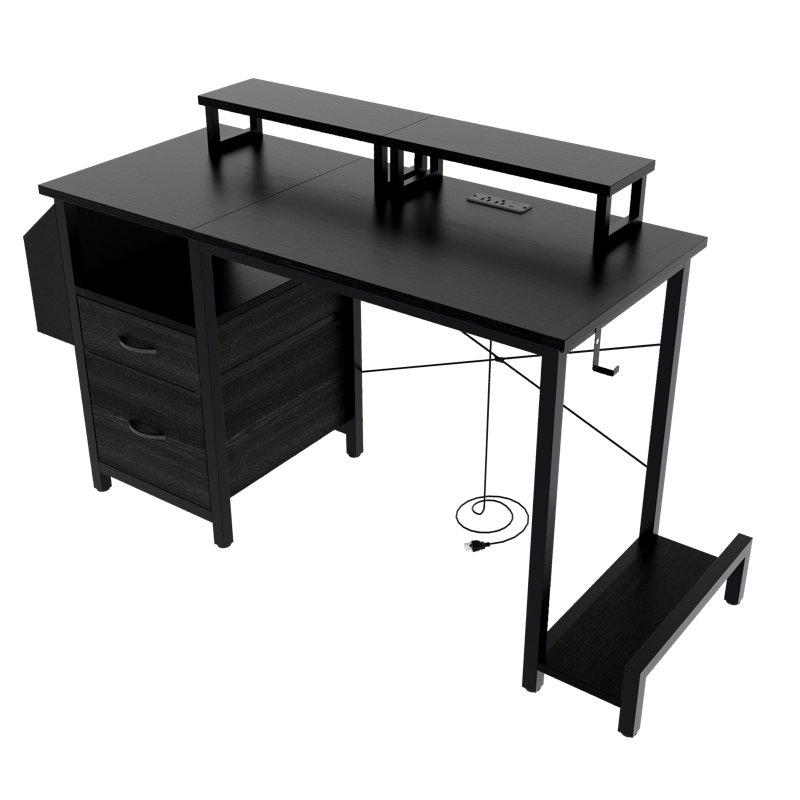 Multifunctional Computer Bublava with Power Outlets, Monitor Stands, and Storage for Home Office, Rustic Brown, Black/Black