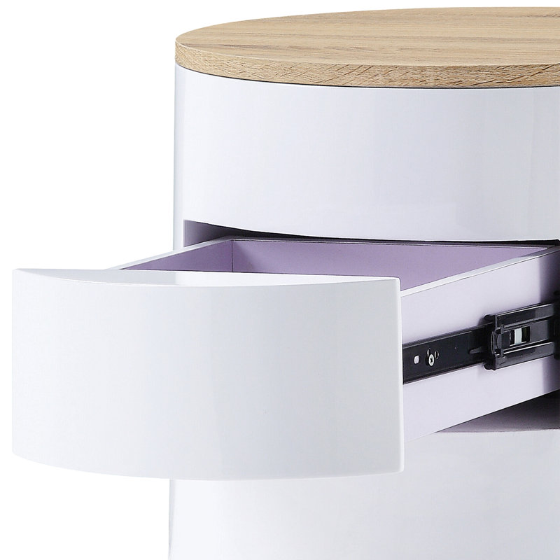 Table de chevet blanche brillante pour chambre à coucher - Tambour de rangement compact avec 1 accessoire
