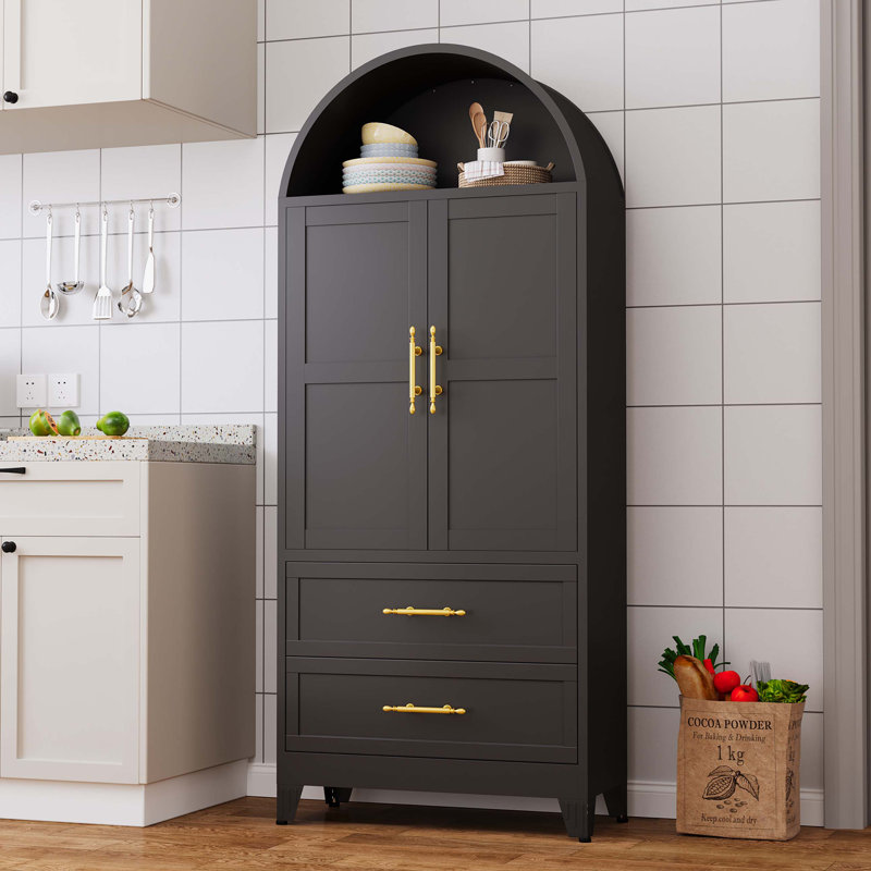 73 Inch Tall Metal Arched Cabinet with 2 Doors, 2 Adjustable Shelves, and Open Storage, Modern Farmhouse Design for Versatile Use