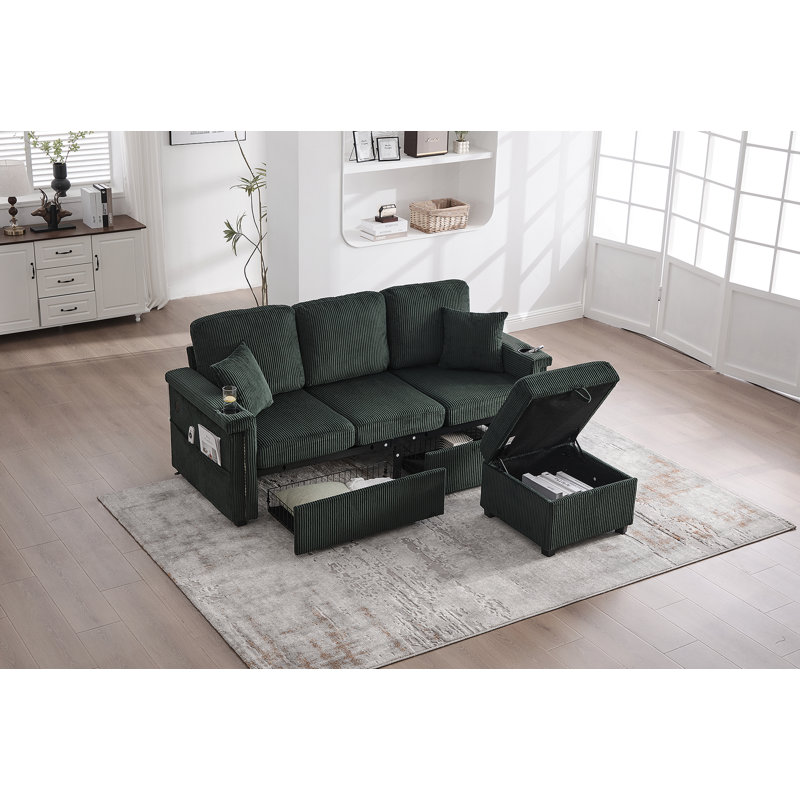 L-Shaped Sectional Sofa With Pull-Out Storage, Ottoman, Pillows, USB Charging, Cup Holder And Convertible Design For Living Room And Apartment