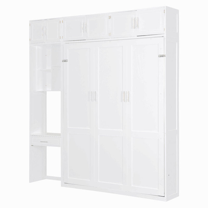 Grand lit escamotable mural avec bureau, armoire supérieure et tablettes de rangement, lit pliable peu encombrant