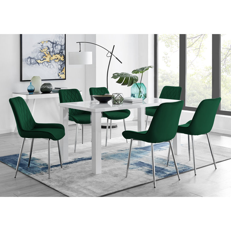 Eubanks High Gloss 6 Seat Rectangular Dining Table Set with Velvet Upholstered Dining Chairs, Green/Silver