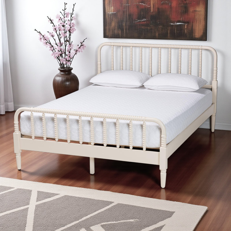 Ethereal Ivory Spindle Wood King Size Platform Bed in Farmhouse Style, 42.14'' H X 77.96'' W X 84.16'' L, King, Ivory